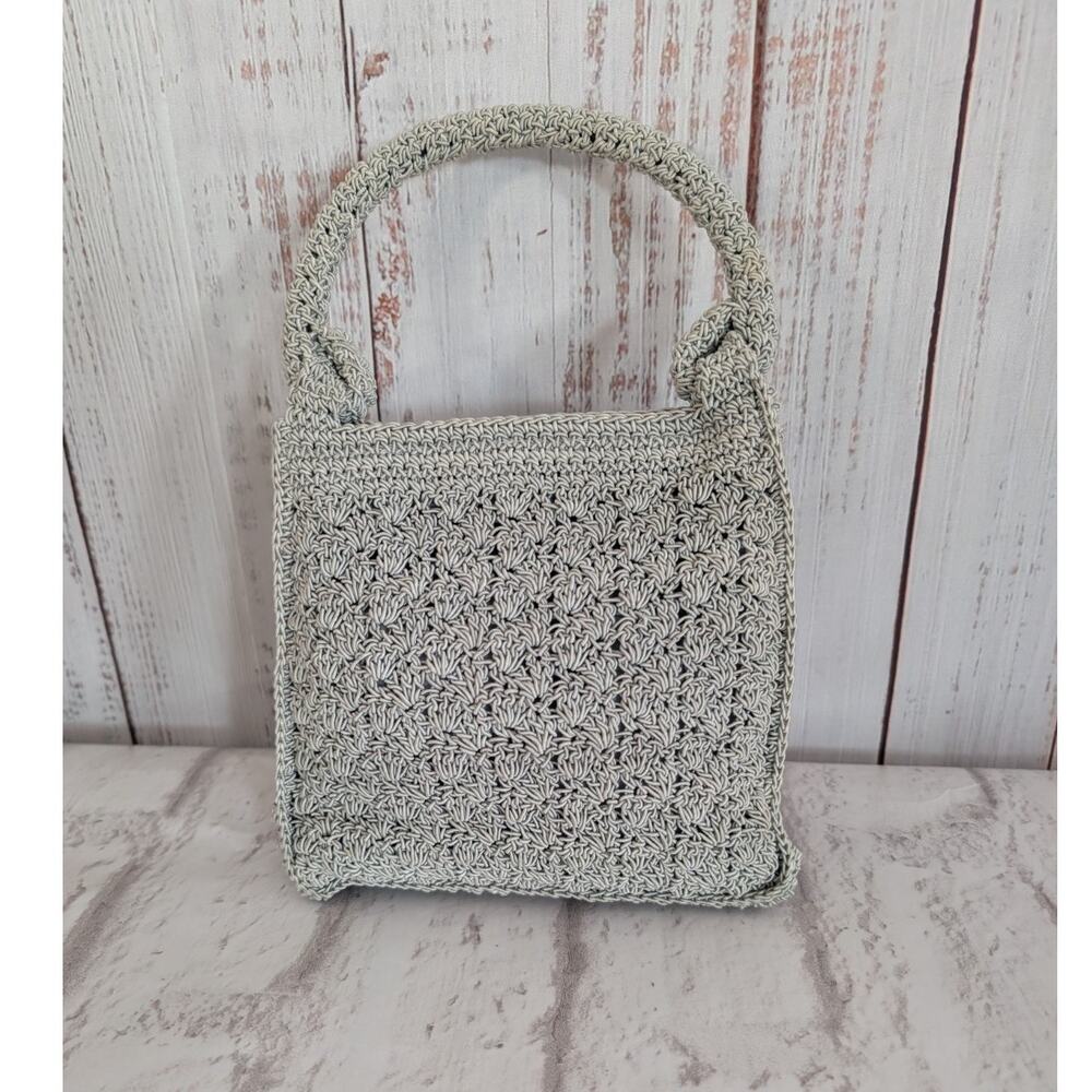 Vintage Esprit Crochet Handbag Grey Knit Shell Stitch Top Handle Purse Y2K 90s
